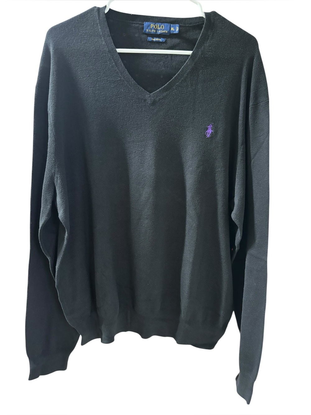 Polo by Ralph Lauren Men’s Black V-Neck Sweater with Purple Logo Size XL